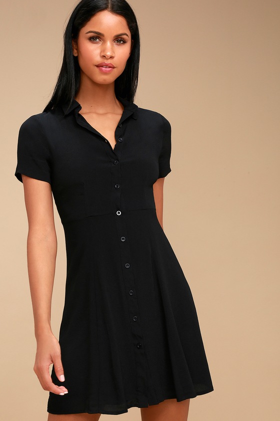 Cute Black Collared Dress - Button-Up ...